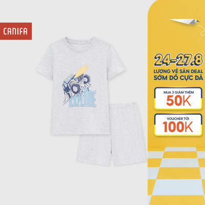 Bộ quần áo ngắn tay mặc nhà bé trai CANIFA cổ tròn chất liệu mềm mịn, thoáng mát 2LS26S005