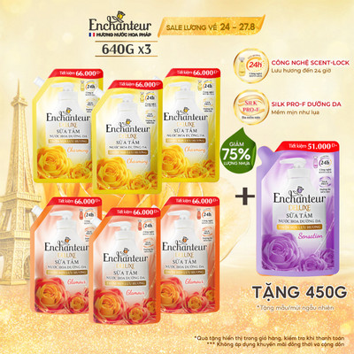 [TẶNG TÚI 450G] Combo 3 Túi Refill Sữa Tắm Nước Hoa Dưỡng Da Thơm Mịn Lưu Hương Enchanteur 640g x3