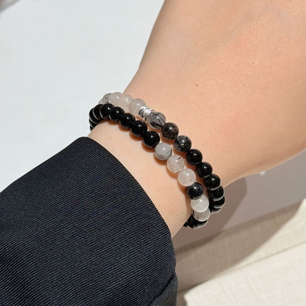 CDNK s925Pure Silver Natural Black Obsidian Double-Circle Agate Bead Bracelet for Women, Black Bead 
