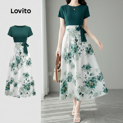 Đầm nữ Lovito xanh lá ôm eo buộc phía trước ghép nối màu sắc lãng mạn LK4AD099
