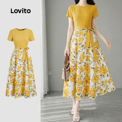(New Arrival) Lovito Đầm màu vàng mùa xuân/hè cho nữ kiểu dáng thường ngày họa tiết phối màu L195ED015