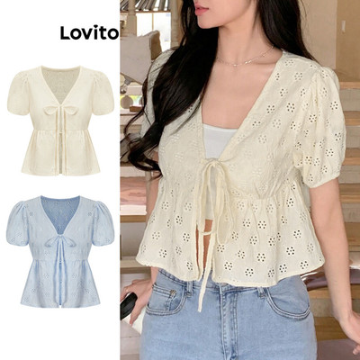Lovito Kỳ nghỉ Áo Sơ Mi Dễ Thương Trơn Ruffle Hem Ren Nơ Áo Nữ L88AD175