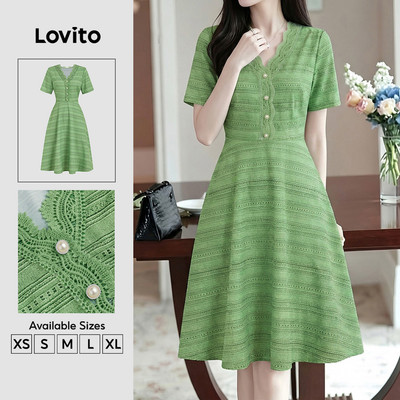 (New Arrival) Lovito Váy nữ mùa xuân/hè màu xanh lá kiểu dáng đơn giản cổ bèo nhún phong cách thanh lịch DRK8P2D893