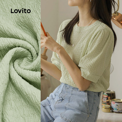 Áo thun Lovito thanh lịch màu xanh lá cây xếp ly phong cách mùa xuân/hè cho nữ L142ED743