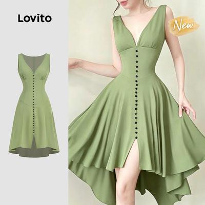(New Arrival) Lovito Đầm nữ thanh lịch xẻ tà cài nút phía trước phong cách xuân/hè màu xanh lá L199ED248