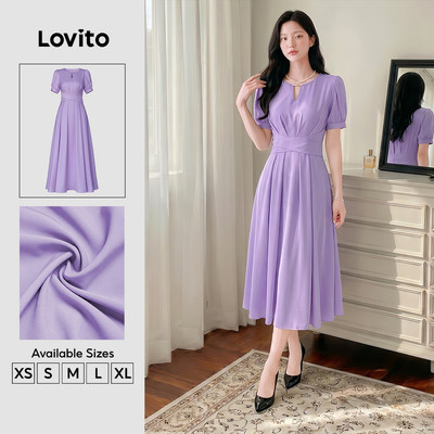 Lovito Váy nữ mùa xuân/hè thanh lịch cắt khoét xếp ly màu tím LK3ED1715