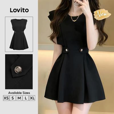 (New Arrival) Lovito Váy liền thường ngày xếp ly cúc xuân/hè màu đen cho nữ DRB201P1D400