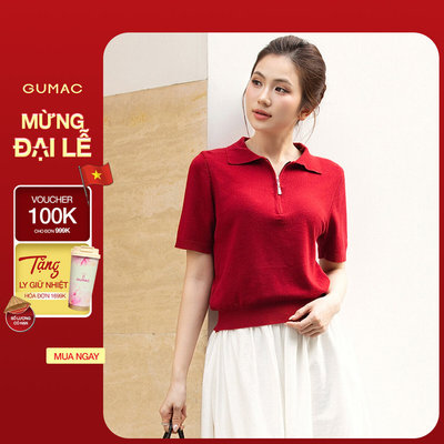 Áo dệt kim GUMAC form suông hơi ôm nhẹ cổ polo có dây kéo AF11032