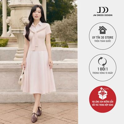 Đầm Cổ Đức Phối Vạt Bong 1S20.2602, Đầm Midi Dáng A Phối Cổ Sơ Mi, Chiết Eo Thanh Lịch Trang Nhã, Đầm Dự Tiệc Công Sở JM