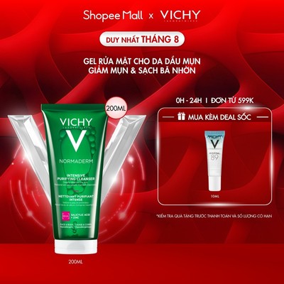 Sữa rửa mặt dạng gel làm sạch sâu giảm bã nhờn Vichy Normaderm Intense Purifying Cleanser 200ml