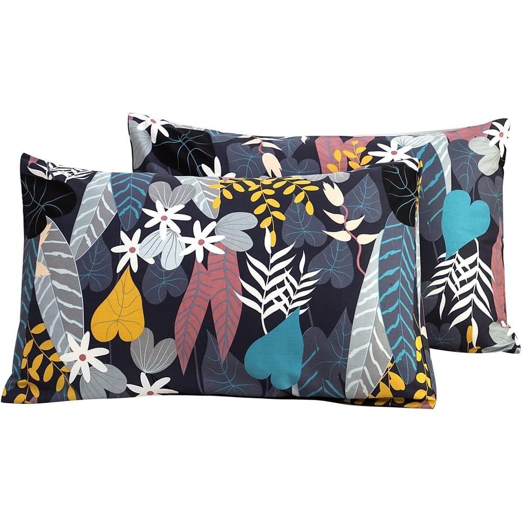 YuHeGuoJi Black Botanical Pillow Cases Set of 2 King 100% Cotton Colorful Leaves Pillow Covers Decor