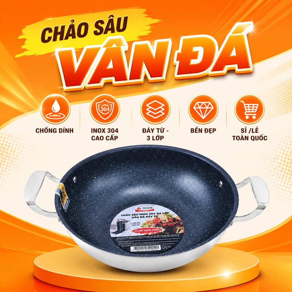 Chảo Sâu Inox 304 Vân Đá TICOOK Cao Cấp – Toàn Thân 3 Lớp, Đáy Từ Chống Dính – Size 20cm Đến 32cm KN