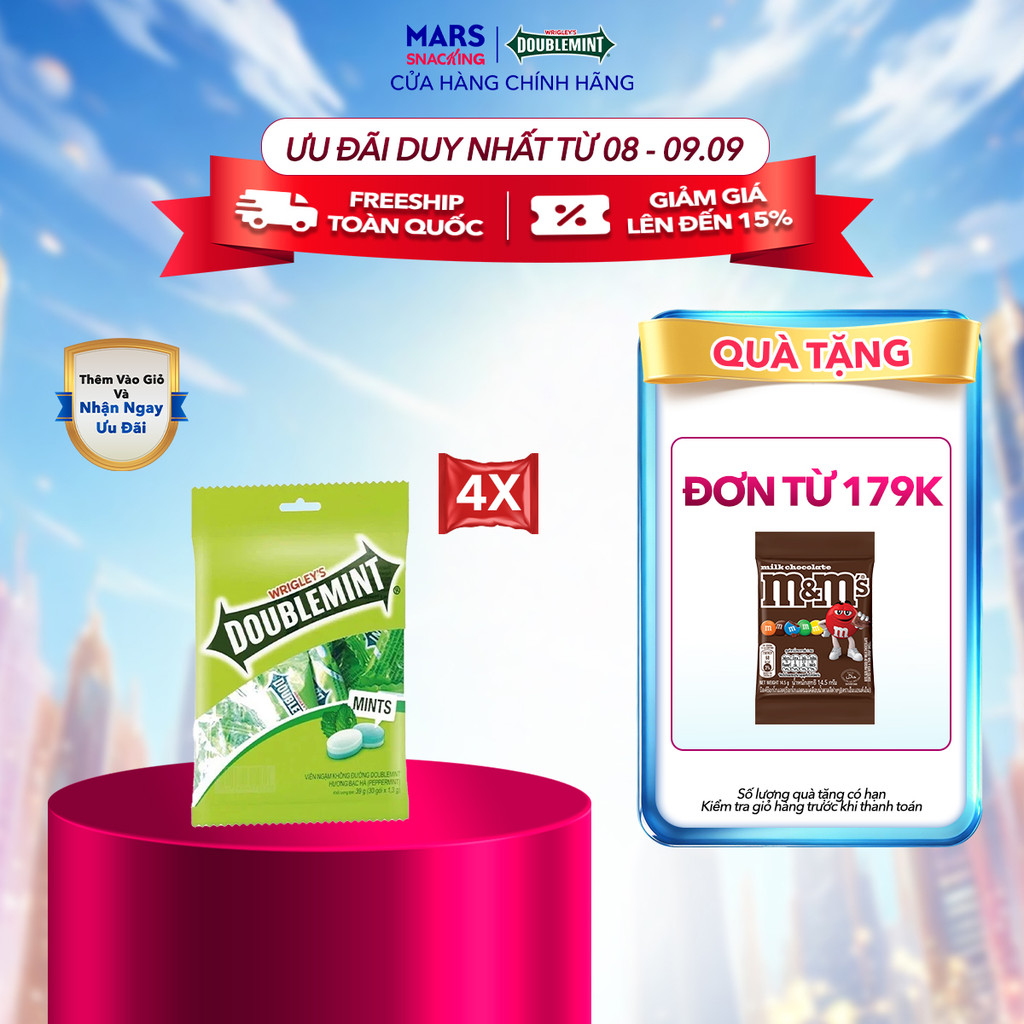 Combo 4 Túi Viên Ngậm Không Đường Doublemint Hương Bạc Hà Túi 30 Gói 2 Viên