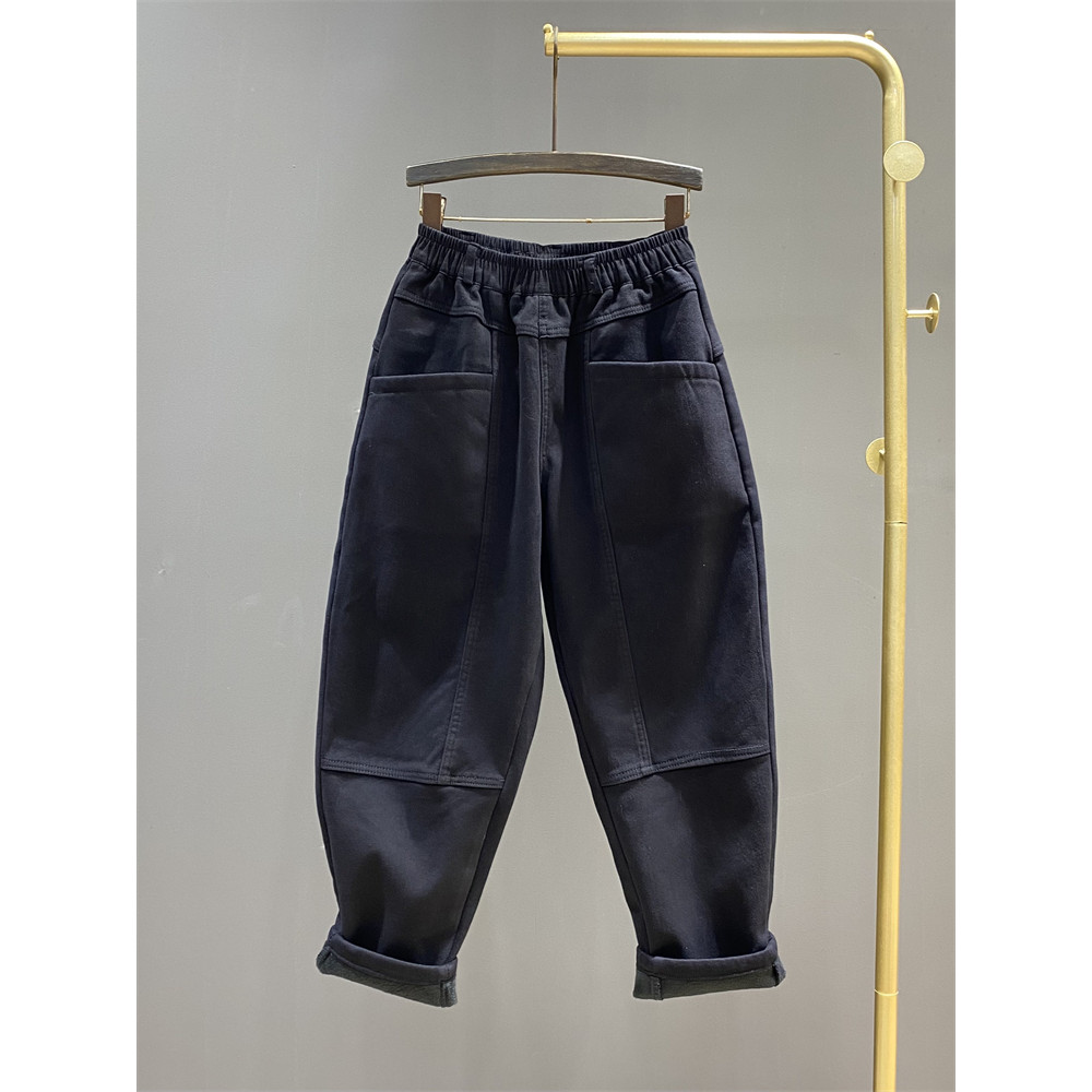 Đen Co Giãn Eo Denim Hậu Cung Quần Nữ Thu Đông Phong Cách Mới Lông Cừu Lót Dày Mỏng Hơn Nhìn Rời Thư