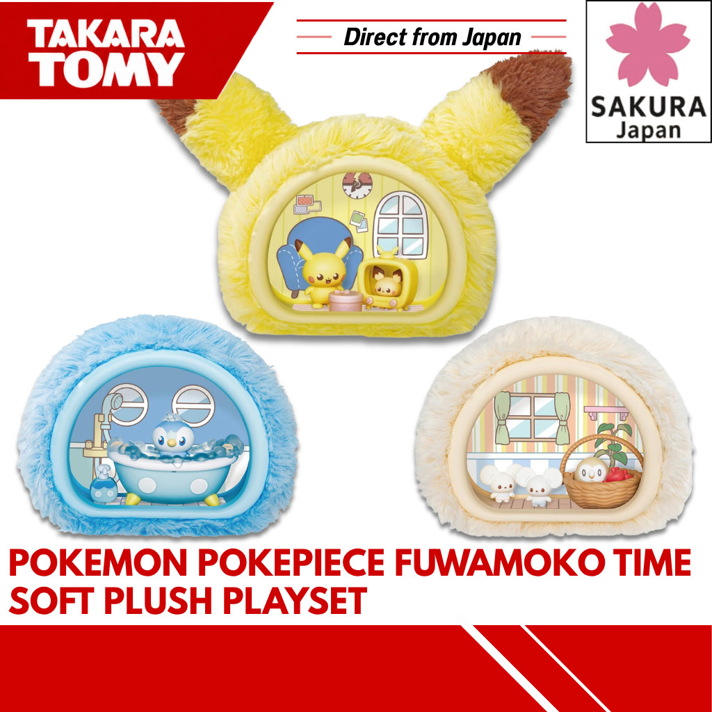 TAKARA TOMY Pokemon PokePiece Fuwamoko Time Soft Plush Playset featuring Piplup, Rowlet and Pikachu