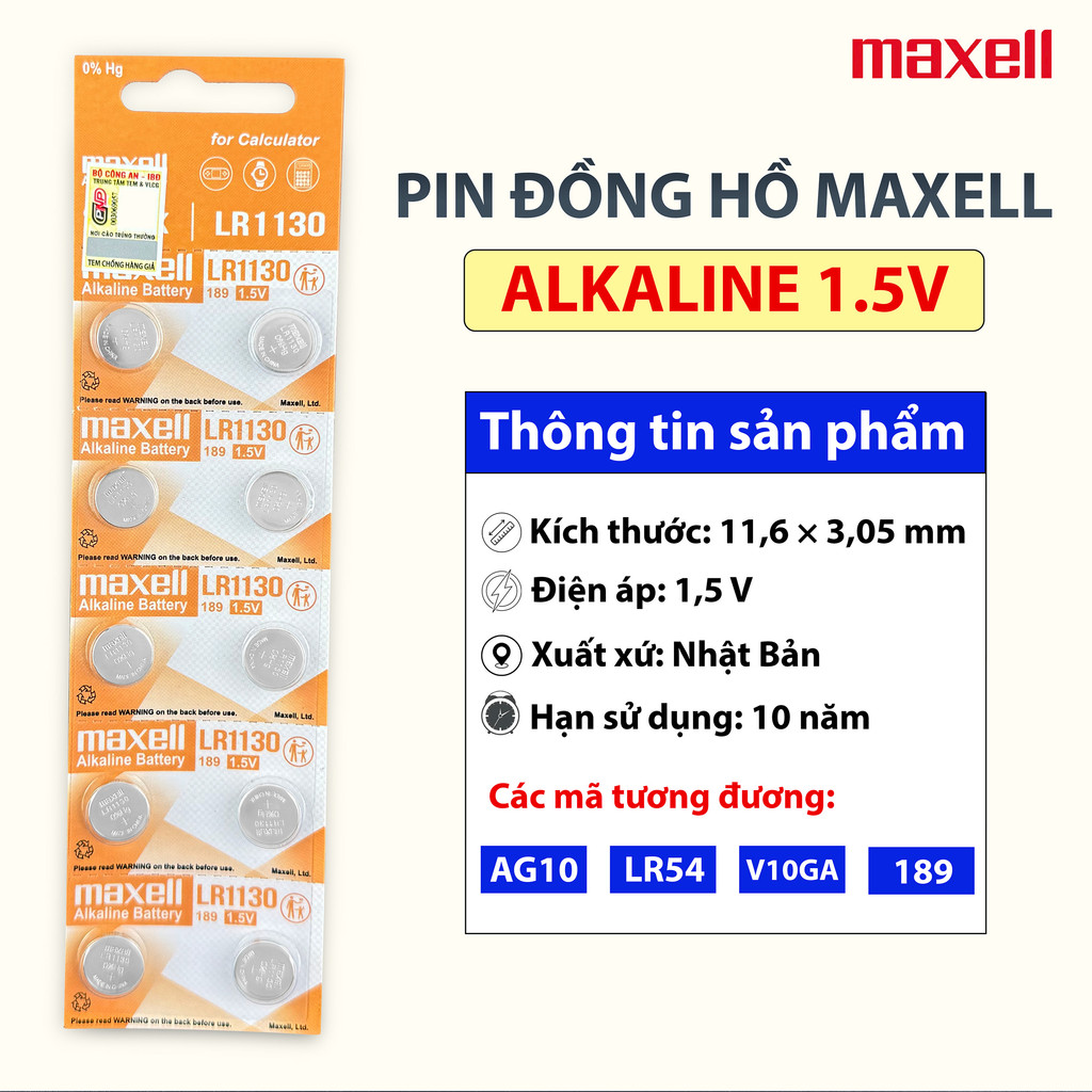 Pin Maxell LR1130 Chính Hãng. Tương đương AG10 / LR54 / 1130/ LR1130 / L1131 / 389A Alkaline. Phân l