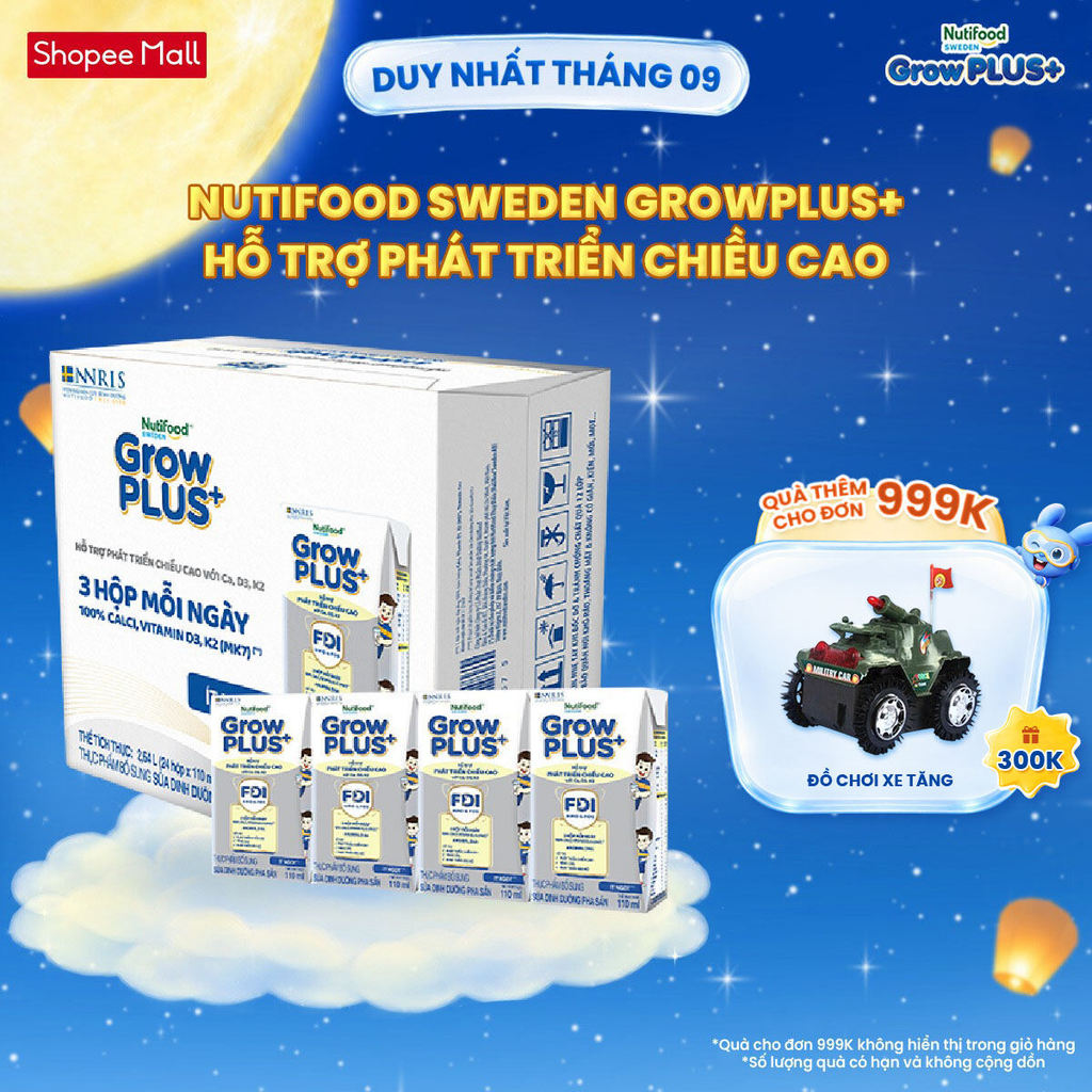 Thùng 24 hộp Sữa Bột Pha Sẵn Nutifood Sweden GrowPLUS+ Cao lớn vượt trội hộp 110 ml