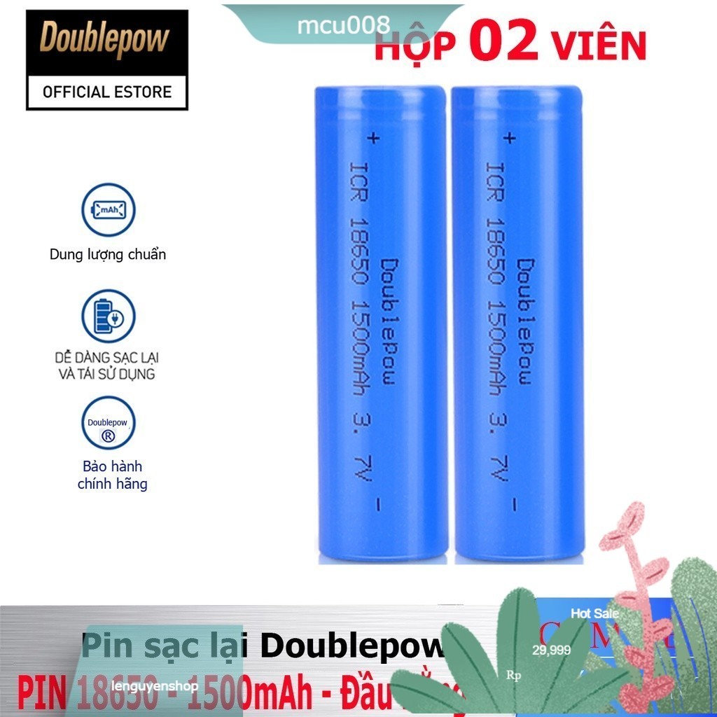 [Hộp 02 viên] Pin sạc Lithium 18650 - 1500mAh đầu bằng Doublepow, pin dung lượng thực