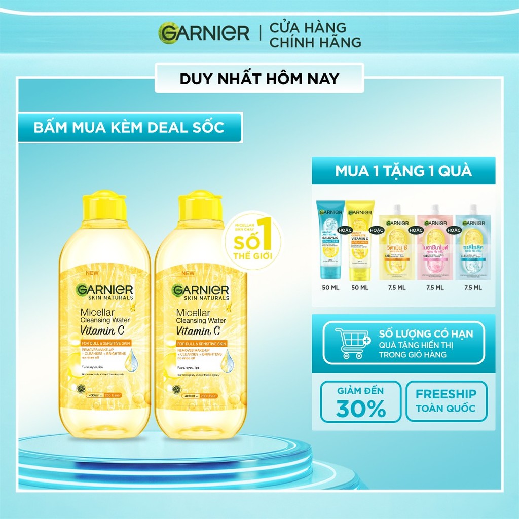 Bộ 2 nước làm sạch và tẩy trang dưỡng sáng da Garnier Micellar Water Vitamin C 400ml x 2