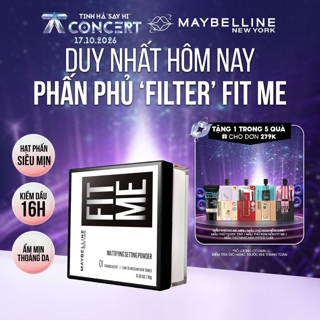 Phấn phủ bột "filter" cà da, kiềm dầu, chống nước, lâu trôi 16H Fit Me Mattifying Setting Powder Maybelline New York 10g