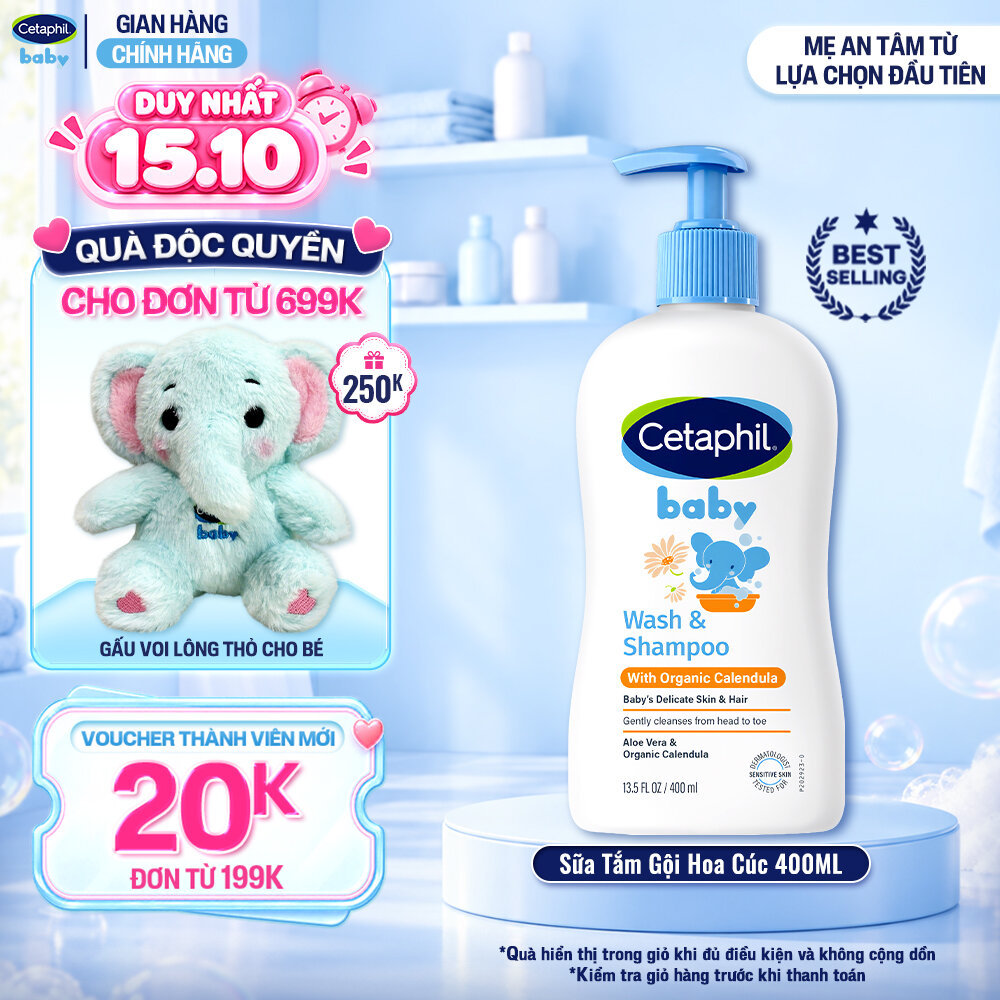 Sữa tắm gội dưỡng ẩm dịu lành cho bé với Calendula hoa cúc hữu cơ CETAPHIL…
