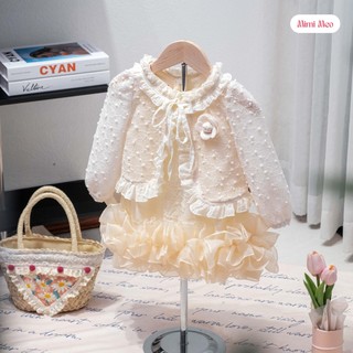  Set Váy Tiểu Thư Cho Bé Gái Mimi Meo Thiết Kế Sang Chảnh Gồm Đầm Đũi Kem Và Áo Khoác Ren Lửng Cho Bé 9-34kg P155 