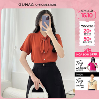 Áo sơ mi nữ tay ngắn lai lật kiểu cổ nơ lụa mềm mát màu cam xanh thời trang GUMAC LAF0536