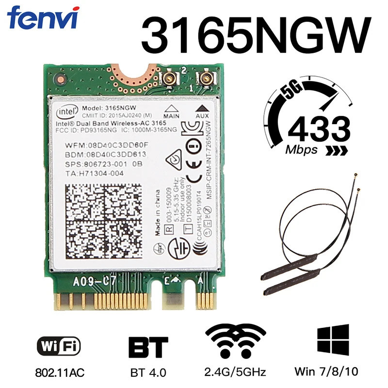 Băng tần kép 2.4G / 5Ghz 433Mbps Wireless-AC Intel 3165 NGFF 802.11ac WiFi 3165NGW M.2 Thẻ WLAN cho 