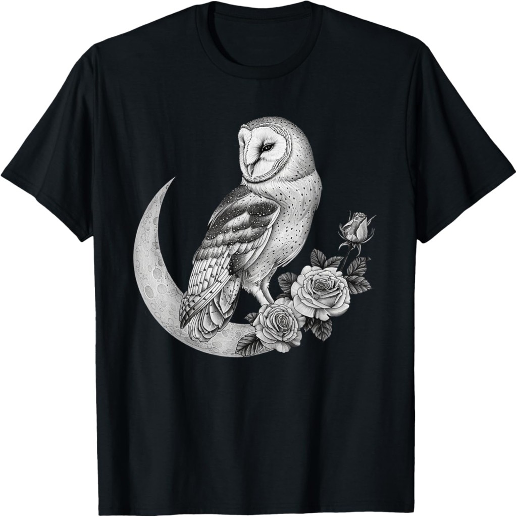 Áo thun Barn Owl Sitting on Moon, Roses, Gothic, Black & White T-Shirt