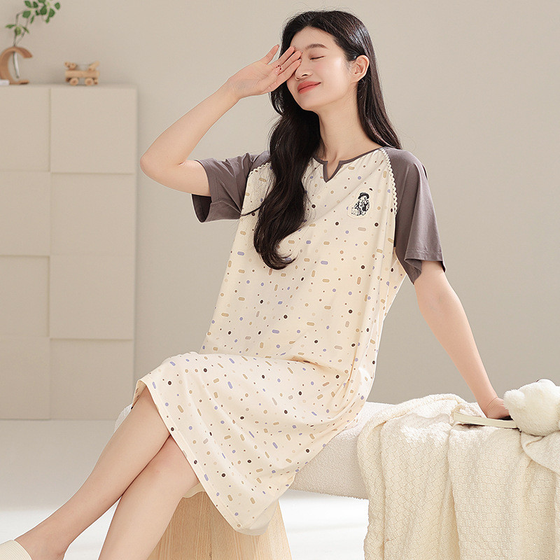 Cotton Nguyên Chất Nữ Váy Ngủ Cổ Tròn Tay Ngắn Nhẹ Thoáng Khí Giữa Chiều Dài Mùa Hè Điều Hòa Phòng N