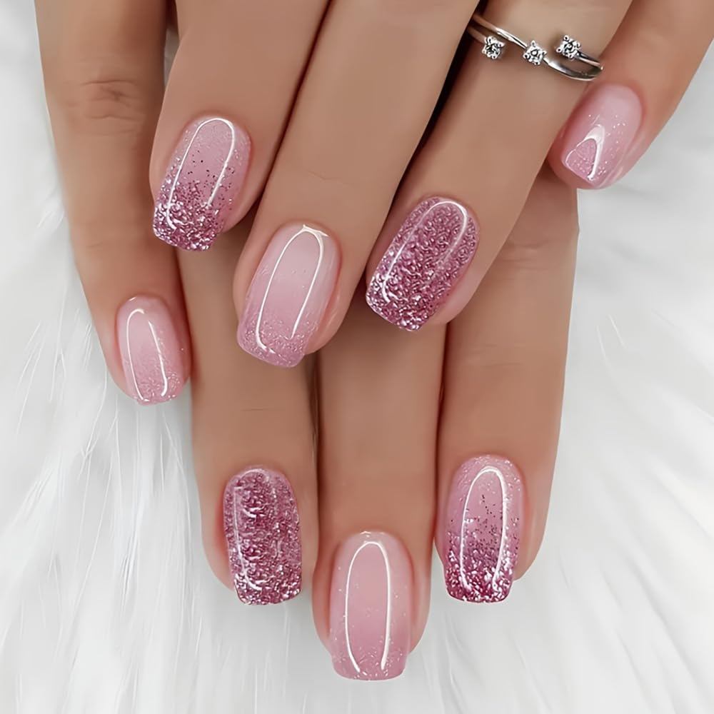 Glitter Ombre Press on Nails Hình vuông ngắn - WLGDLH Pink Fake Nails Acrylic Nails Press ons Nail A