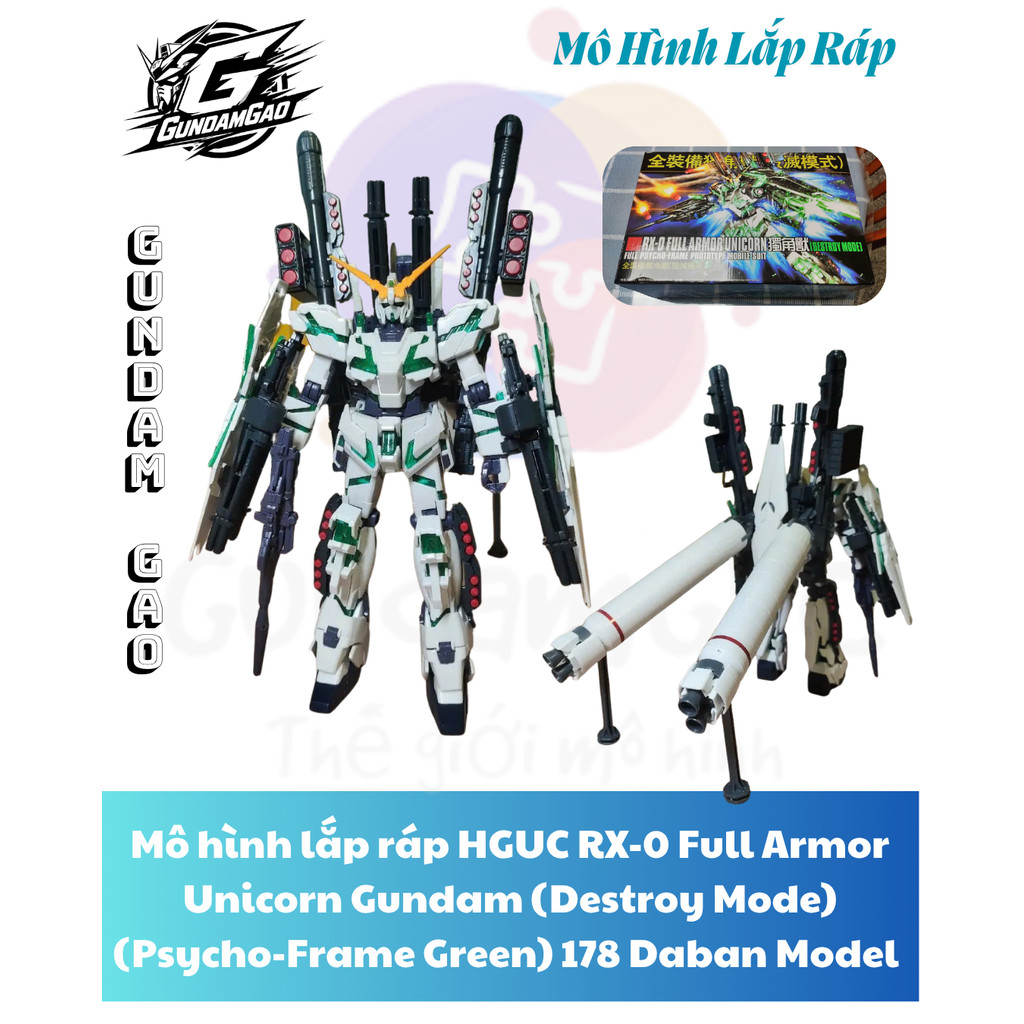 Mô hình lắp ráp HGUC RX-0 Full Armor Unicorn Gundam (Destroy Mode) (Psycho-Frame Green) 178 Daban Mo