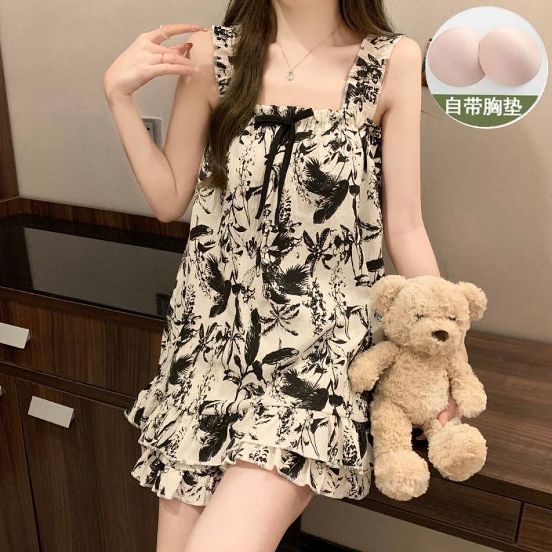 Women's Pajamas Suit with Chest Pad Princess Style Pajamas Summer Short Sleeve Suspenders 8vcr