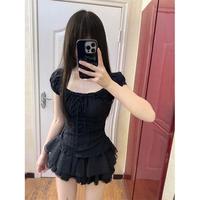 Pure Desire Style Hot Girl Đen Cổ Vuông Ngắn Tay Áo Thun Mùa Hè 2026 Mori Design Niche Slim-fit Slim