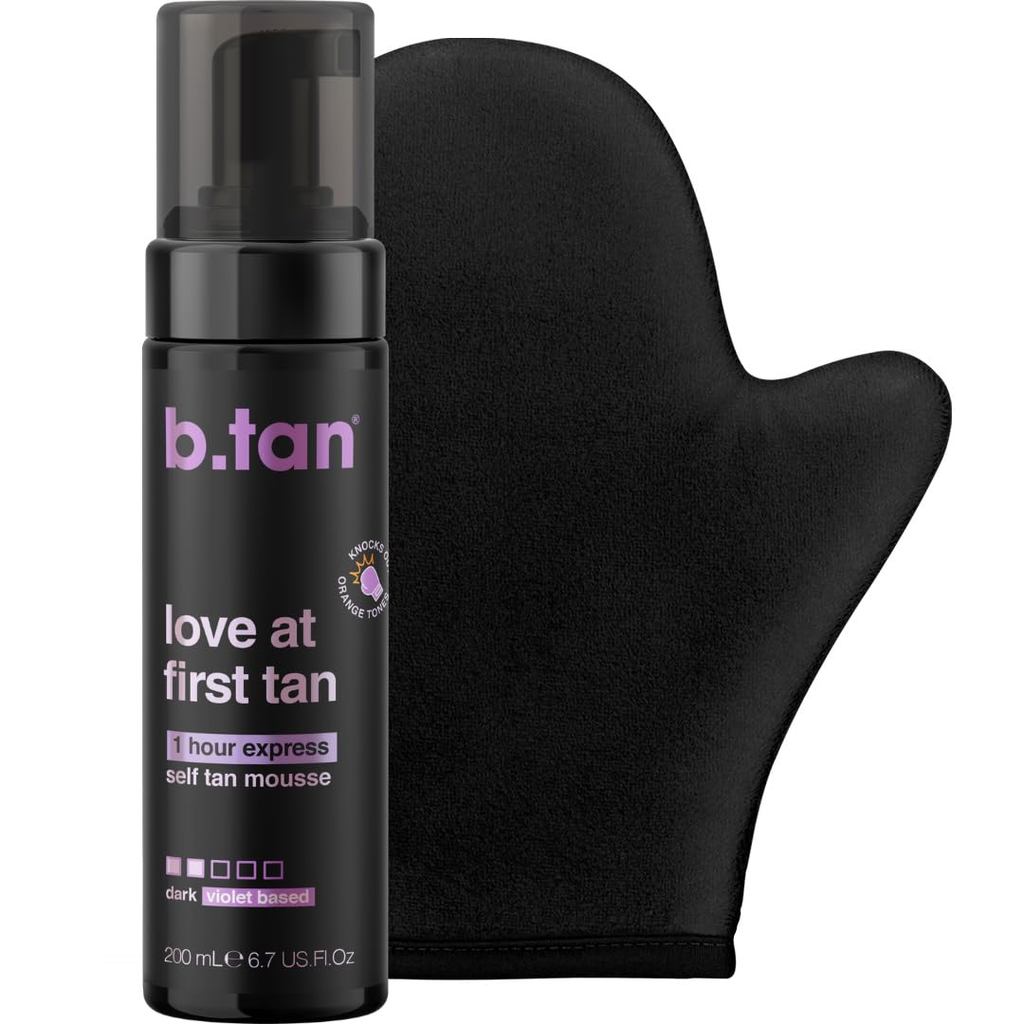 B.tan Violet Self Tanner Kit | Fall In Love at First Tan Bundle - Mousse thuộc da tối với Mitt Appli