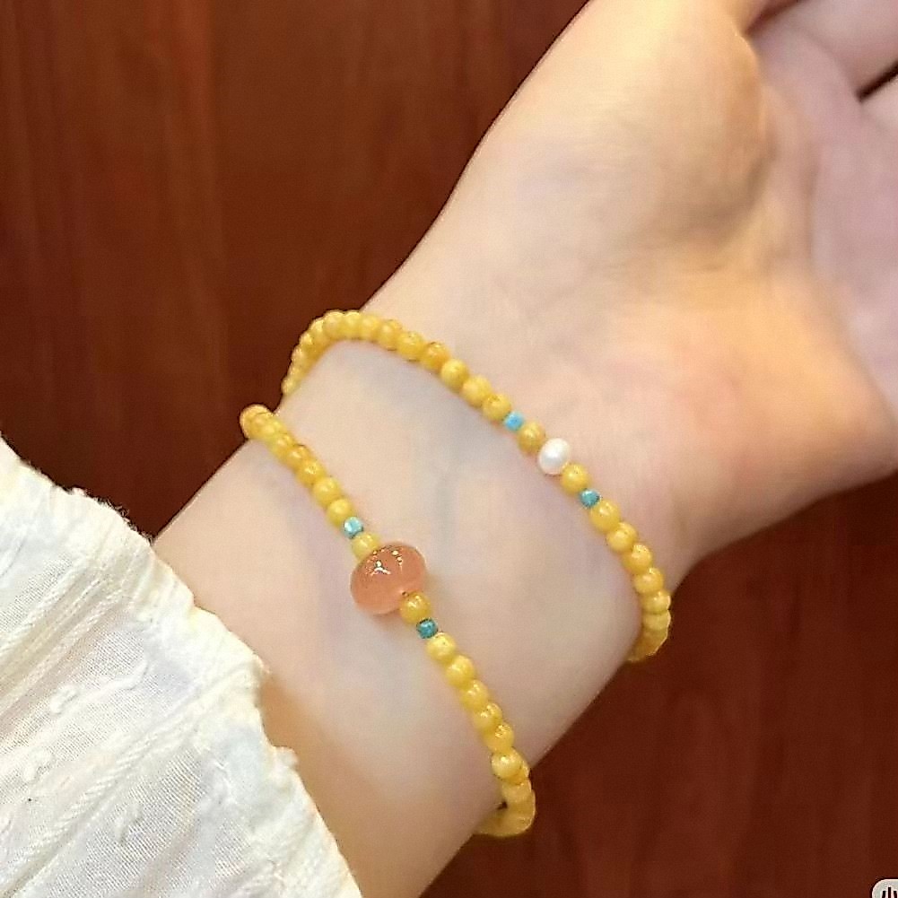 Preferred#New Chinese-style amber yellow glass beaded bracelet for women, double-loop stackable anci