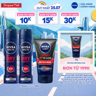 Bộ 3 Xịt Ngăn Mùi NIVEA MEN Khô Thoáng 150ml và Sữa Rửa Mặt NIVEA MEN Bùn Khoáng 100g - 81602x2 + 83940
