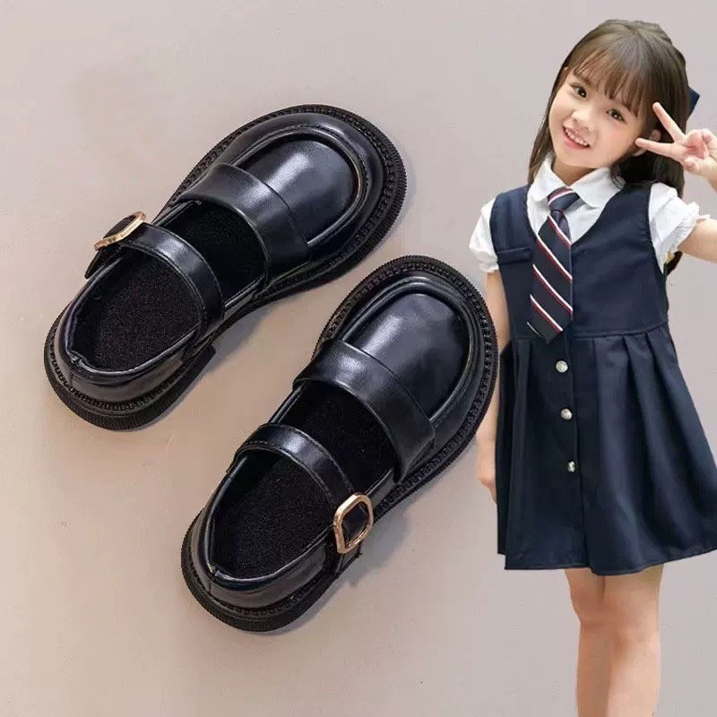 Giày Bé Gái Trẻ Em Công Chúa Da Nhỏ 22 Xuân Thu Giày Đế Mềm Màu Đen Mùa Xuân Anh VJN6
