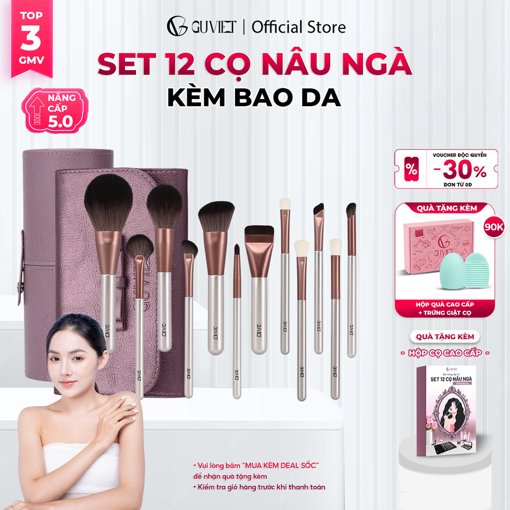 Bộ Cọ Trang Điểm Cá Nhân GUVIET 12 Cây Nâu Ngà Có Bao Da