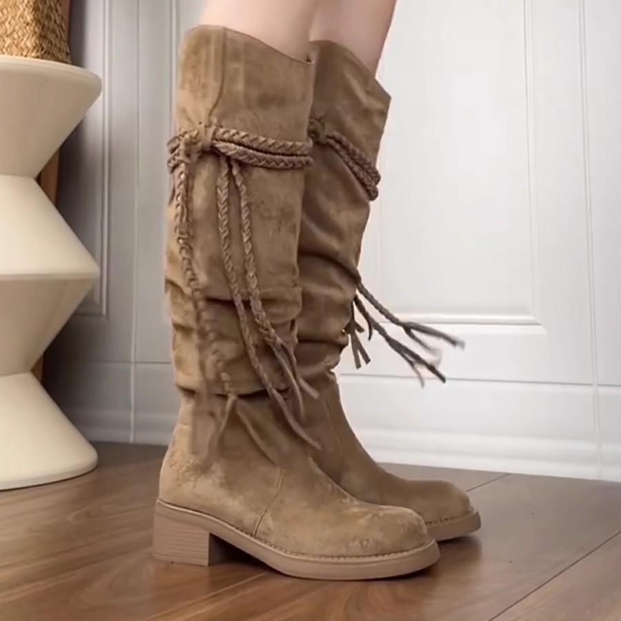EQNO Cowhide Version~Retro wasteland style fringed knight boots with chunky heels, over-the-knee lon