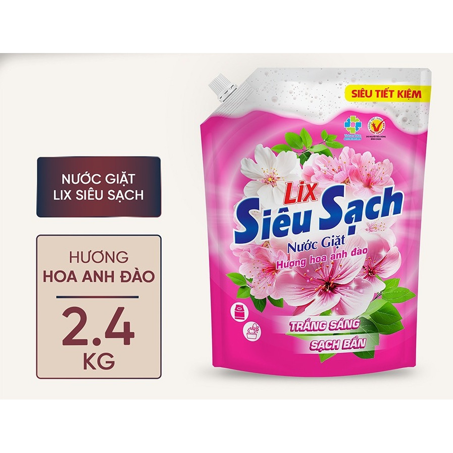 Nước Giặt Lix Đậm Đặc Hương Hoa Anh Đào Túi 2.4Kg N2503 - Nước Giặt Hương Hoa Làm Sạch Nhanh Vết Bẩn