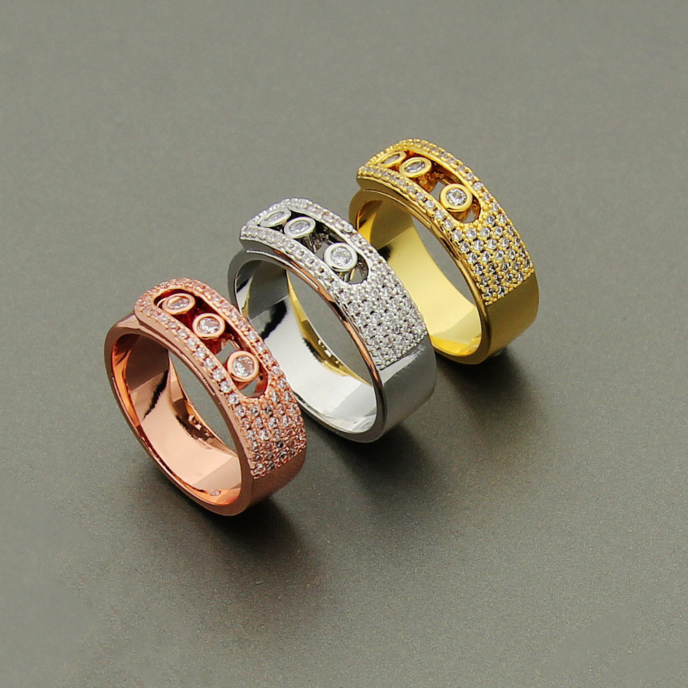 BAXK Gold diamond jewelry three-diamond ring, sliding design, women's three-diamond ring, half-diamo