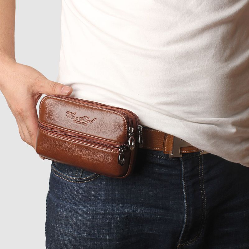 New leather waist for men, genuine leather phone bag, men's belt bag, double zipper bag