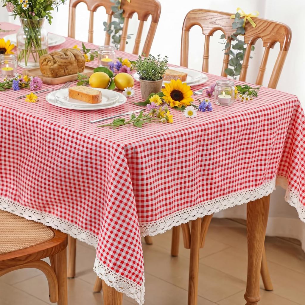 Khăn trải bàn Gingham màu đỏ và trắng Moukeren với viền ren Khăn trải bàn kẻ sọc Khăn bàn ca rô 52x7