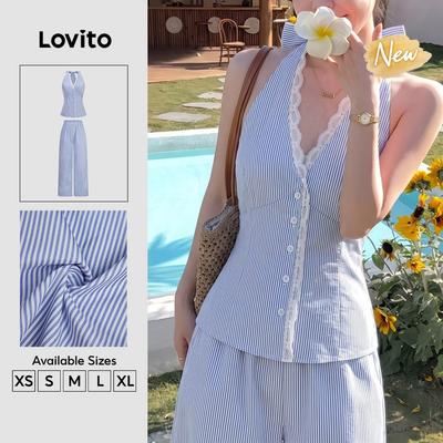 (New Arrival) Lovito Áo hoặc Quần Thường Ngày Cổ Lá Sen Lưng Hở Nhẹ Nhàng Mùa Xuân/Hè Xanh Dương Nhạt cho Nữ PSK8TD281