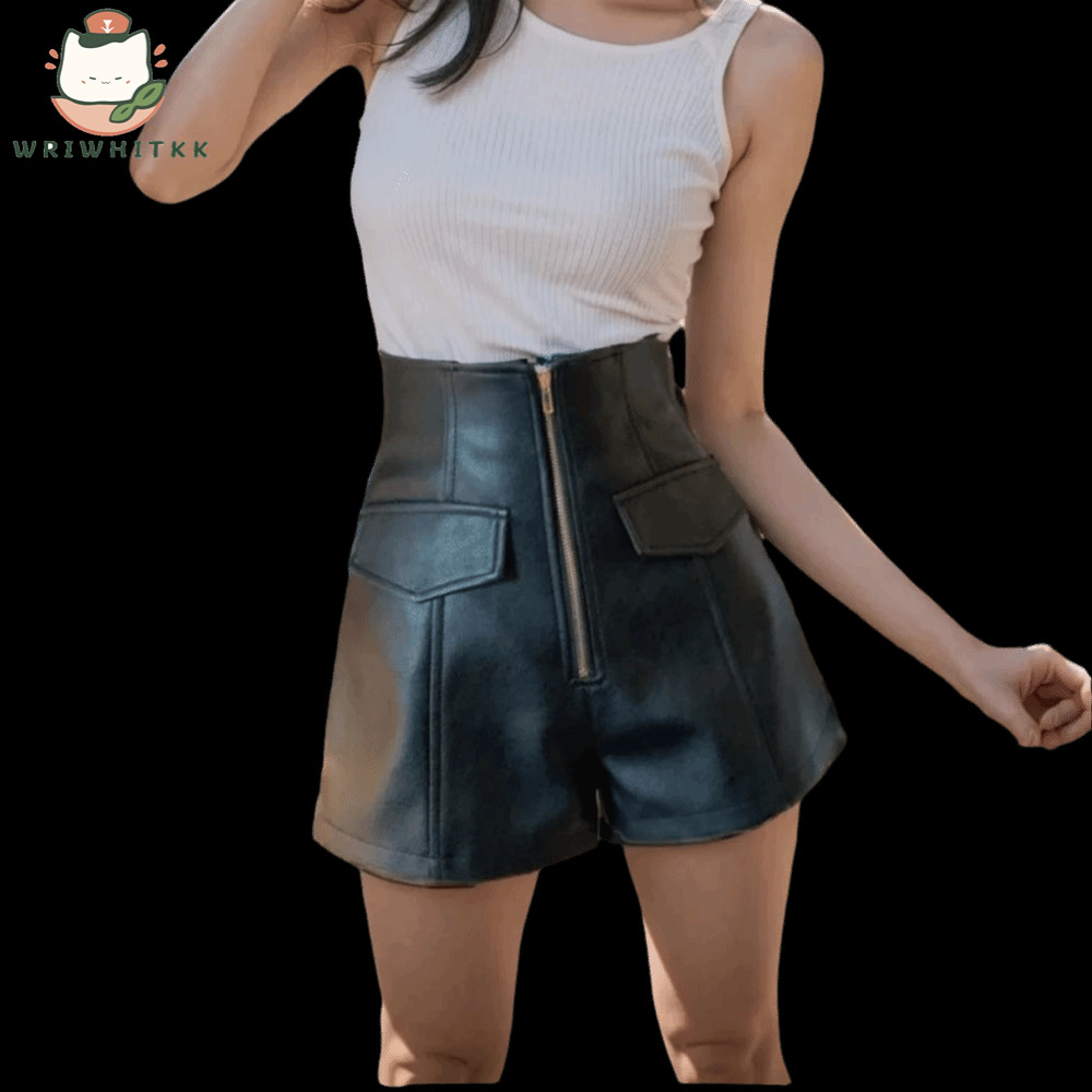 Quần short Bootcut chữ A WRIWHITKK22, Quần short cạp cao màu đen thông thường, Quần da PU ống rộng b