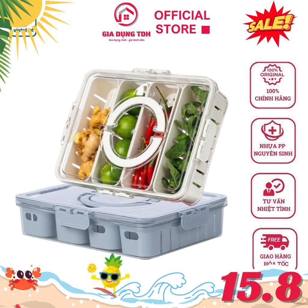 Hộp Đựng Thực Phẩm Cao Cấp Việt Nhật 6510 - 4 Ngăn, Có Tách Nước - Bảo Quản Thức Ăn Tủ Lạnh - TDH