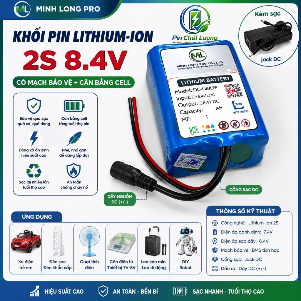 Pin Lithium-Ion 2S 7.4V 8.4V 10Ah Cho Xe Điện Trẻ Em, Loa, Đèn Quạt Sạc, Robot, Cân Điện Tử, DIY