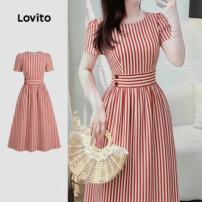 Lovito thanh lịch Đầm phong cách khóa kéo có nút mùa xuân/hè màu đỏ cho nữ L171ED487