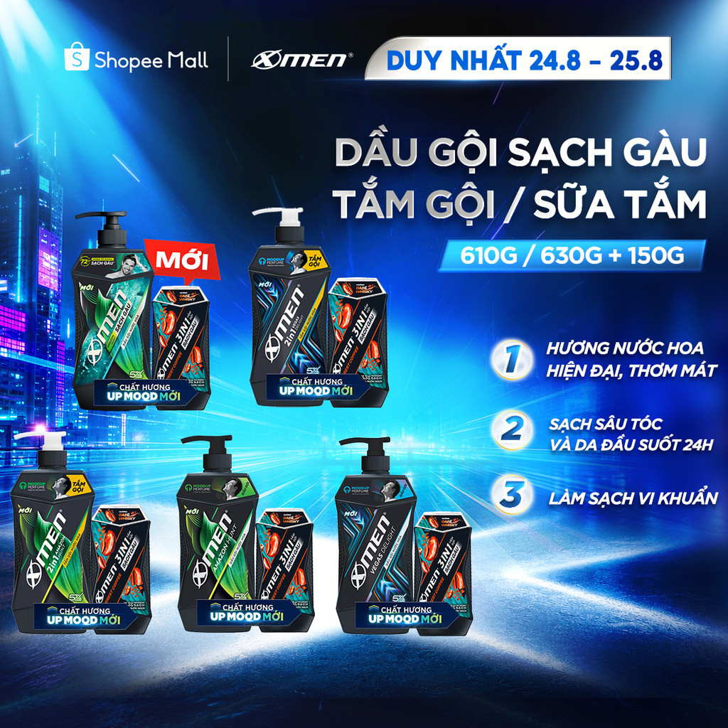 Combo Dầu Gội Sạch Gàu/Tắm Gội/Sữa Tắm Xmen Amazon/Vegas 610g 630g và Tắm gội Coffee 150g